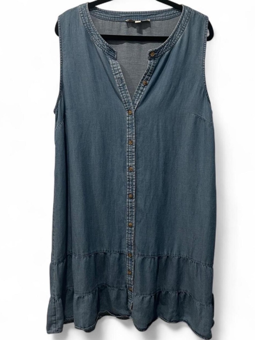 LOFT Light Wash Chambray Sleeveless Midi Summer Dress Denim Ruffle Hem XL